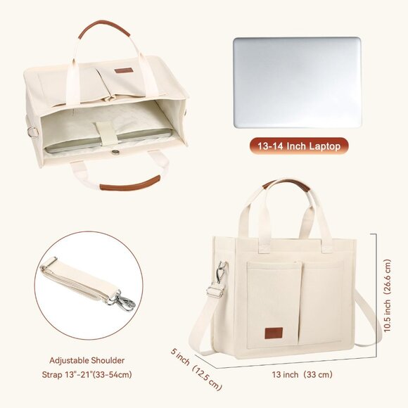 Durable Beige Canvas Tote with Magnetic Closure - Perfect for Laptop & Daily Use - Picture 2 of 6